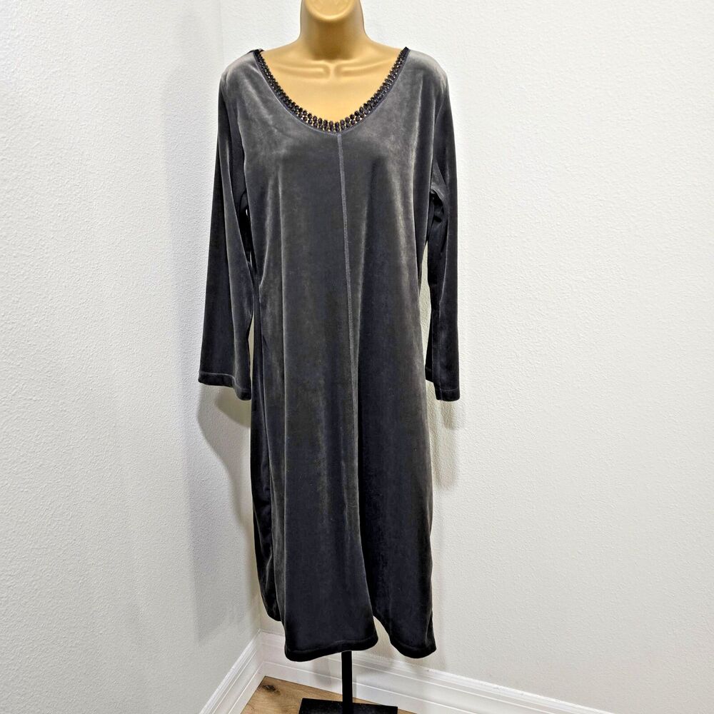 Jones New York Velvet Gray Midi Dress Lge Lace Trim Modest Dark Minimalist Chic